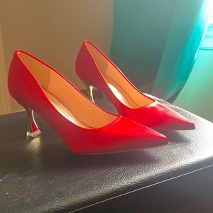 Two inch gold stud red velvet heels